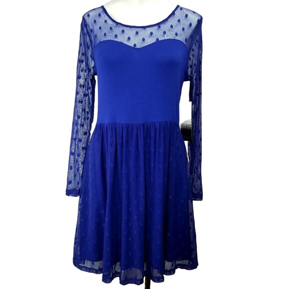 Kensie Dress M Blue Polka Dot Mesh Sheer Long Sleeve Mini Party Cocktail NEW - Picture 1 of 10